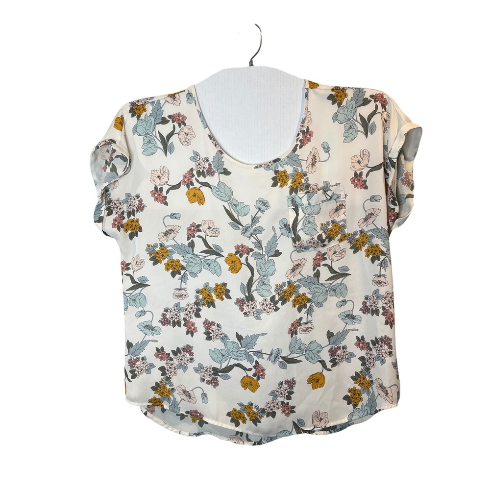 Maurices Womens XL Floral ScoopNeck Short Sleeve Cuffed Pocket Blouse Cream Blue
